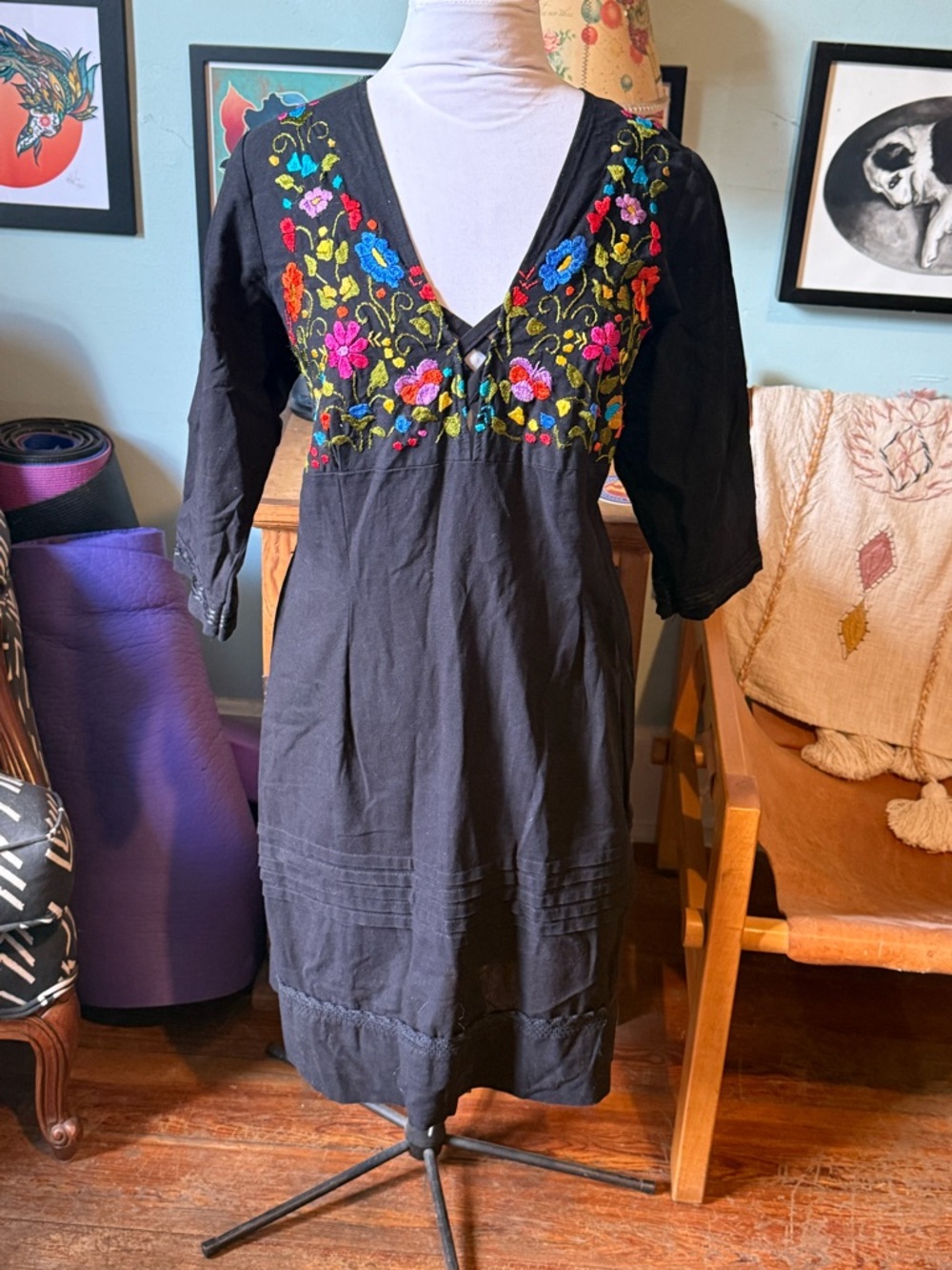 Mexican Embroidered V-Neck Black Dress